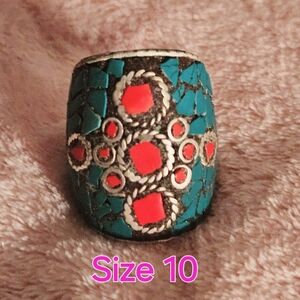 Vintage Tibetan Silver Turquoise & Red Glass Mosaic Inlay Ring Domed Size 10